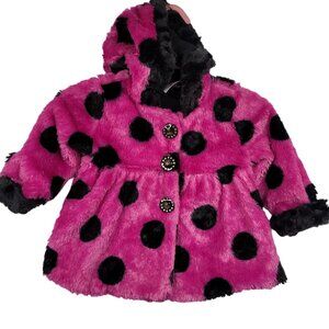 Piper Baby Faux Fur Hooded Coat 18M Pink & Black Polka Dots Polyester